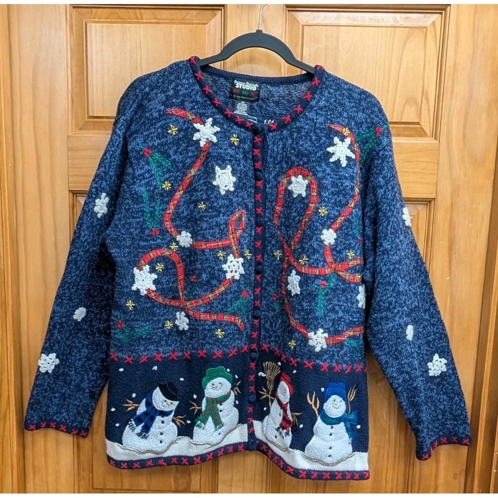Designers Originals Women's 2X Christmas Sweater Holiday Snowmen Snowflakes